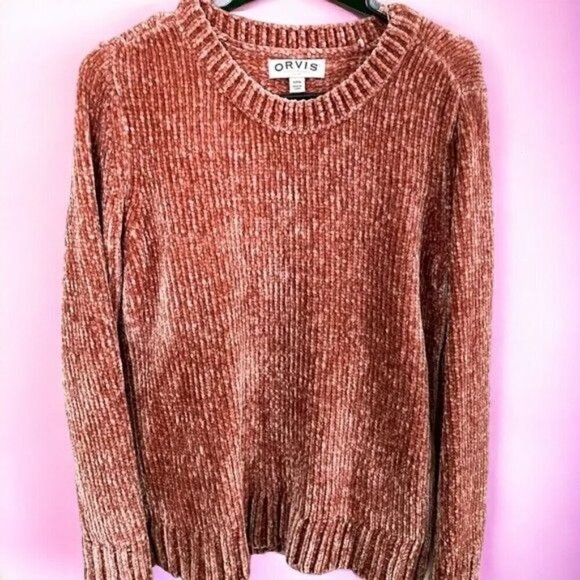 Orvis Ladies Pink Coral Chenille Crewneck Long Sleeve Pullover sweater Large - Picture 2 of 4